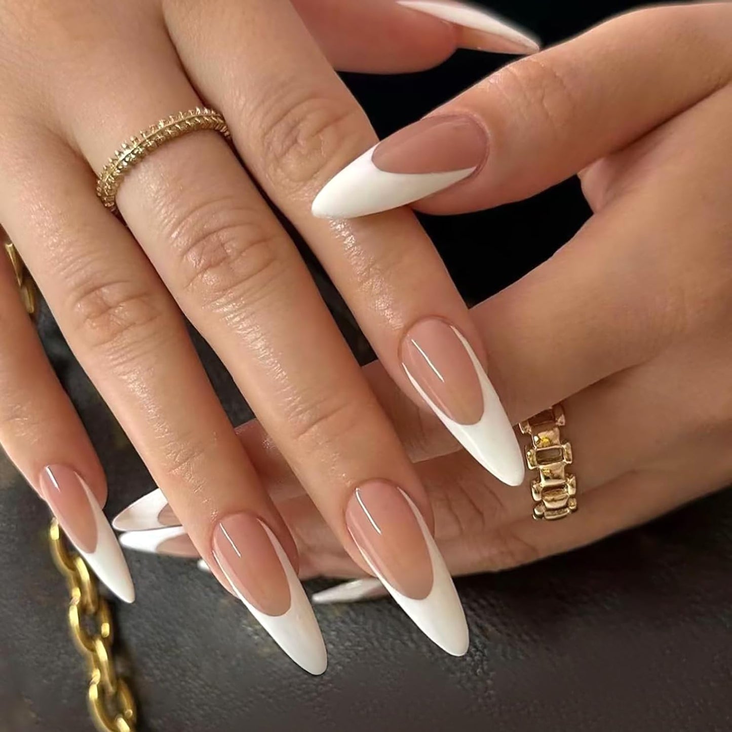 Extra Long Almond Press on Nails White French Tip Fake Nails Glossy Full Cover Glue on Nail for Women