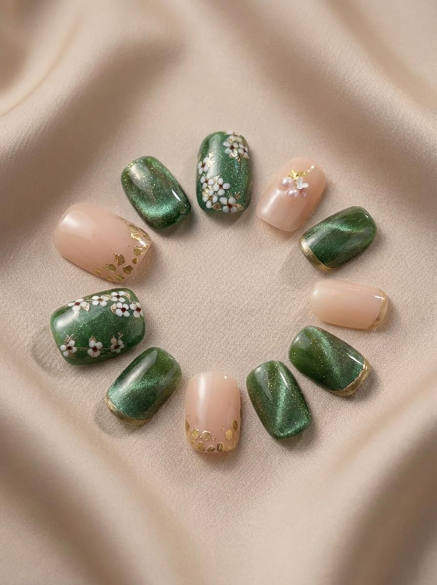 Botanical Garden - Handmade Short Coffin Press on Nails Green Cat Eye Fake Nails with Botanical Design 10Pcs Size M Complete Kit Press Ons - Eli Miré