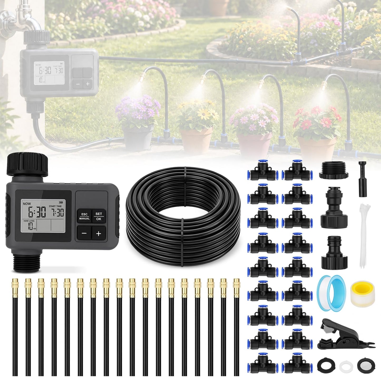 66FT Drip Irrigation Kit with Timer, Automatic Garden Watering System with Flexible 360° Bendable Hose & Adjustable Emitters, Drip Irrigation System for Greenhouse, Yard, Flower Bed, Lawn & Plants