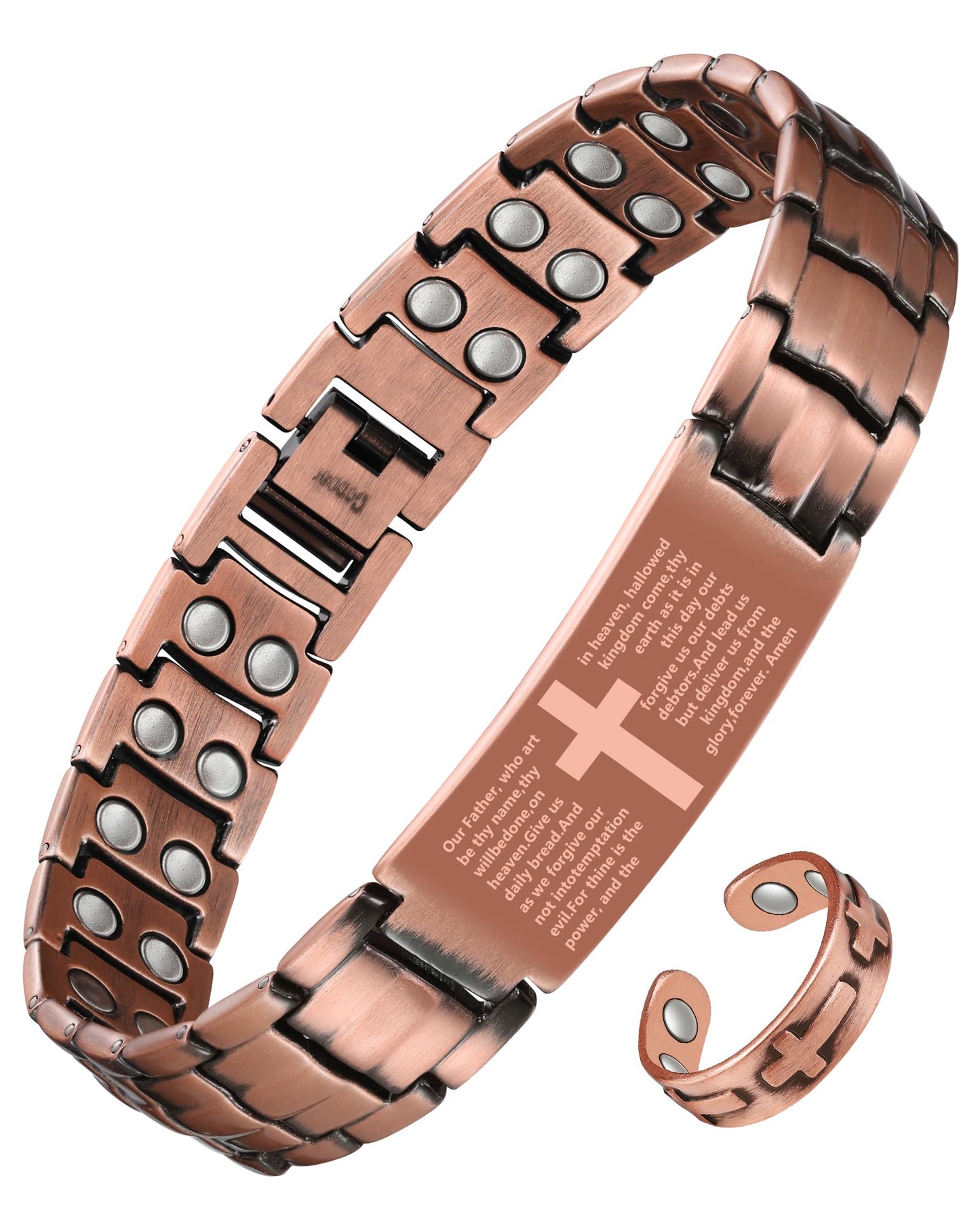 Jecanori Copper Cross Bracelet & Ring for Men, 2X Strength Magnetic Bracelets for Men, Adjustable Copper Jewelry with Sizing Tool
