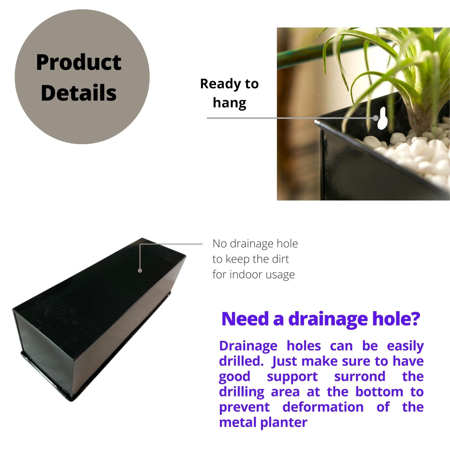 LaLaGreen Wall Planter Indoor Plants - 3 Pack, 14 Inch Large Wall Mount Planters for Succulent Black, Rectangular Metal Hanging Flower Pot, Long Window Sill Plant Box Fence Railings Floating Shelve