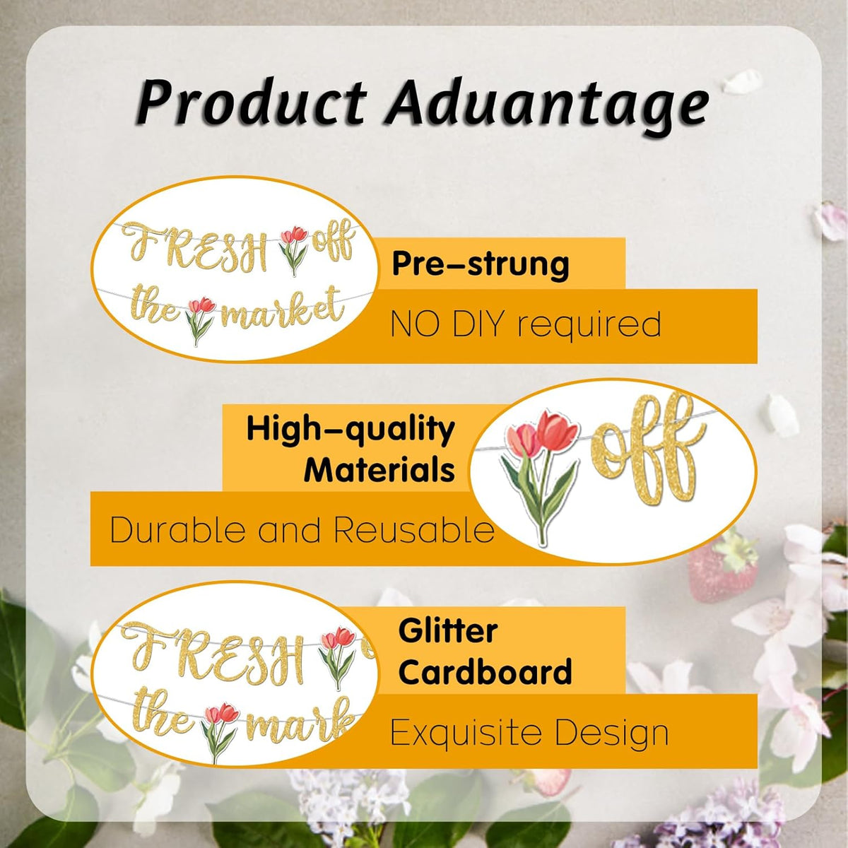 Fresh Off The Market Bridal Shower Banner, Gold Glitter Farmers Market Floral Theme Wedding Banner for Bachelorette Wedding Engagement Party Decorations Supplies, No DIY.