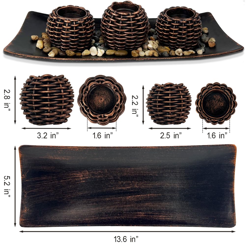 Coffee Table Decor, 3 Pieces Candle Holders with Tray and Rocks, Centerpiece Table Decorations for Living Room, Dining Room, Bedroom, Entryway Table Decor Thanksgiving Gift