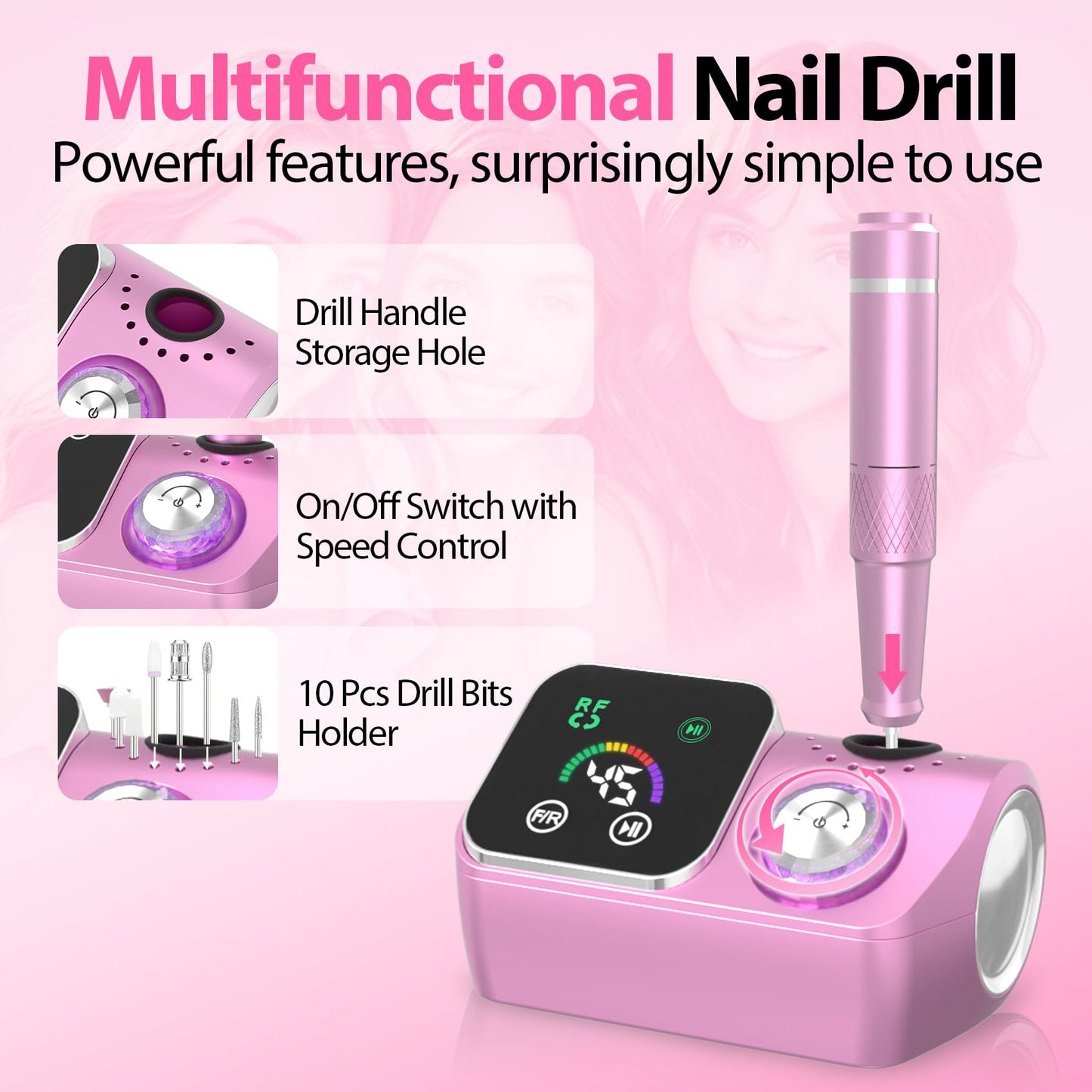 PYVOLA Professional Electric Nail Drill E-File Machine - 45,000 RPM Corded Nail Drills Kit with Low Noise & LED Display for Shaping, Removing & Polishing Acrylic Gel Nails for Salon Home