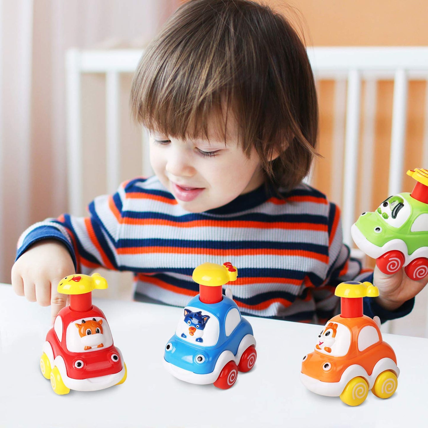 ALASOU 4 PCS Animal Car Toys and 3 PCS Suction Cup Rotating Toys for Infant and Toddlers