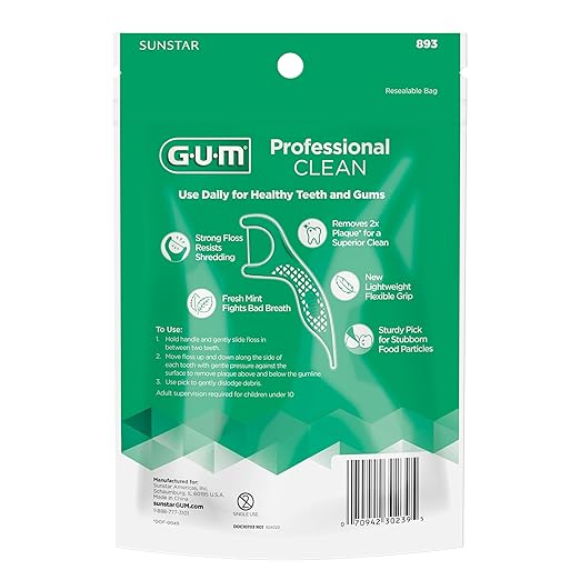 GUM Professional Clean Floss Picks - Extra Strong Shred-Resistant Floss, Easy Grip Handle - Dental Flossers for Adults - Fresh Mint Flavor, 90 Count (Pack of 3)
