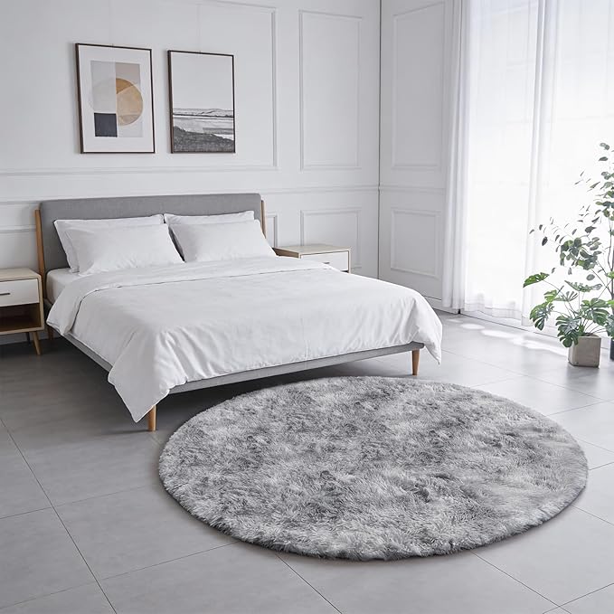 Amdrebio Tie-Dye Light Grey Round Circle Area Rugs 5Ft for Living Room Bedroom, Soft Fluffy Fuzzy Shag Rug for Kids Room Home Office, Furry Plush Indoor Floor Shaggy Gray Carpet for Baby Nursery Dorm
