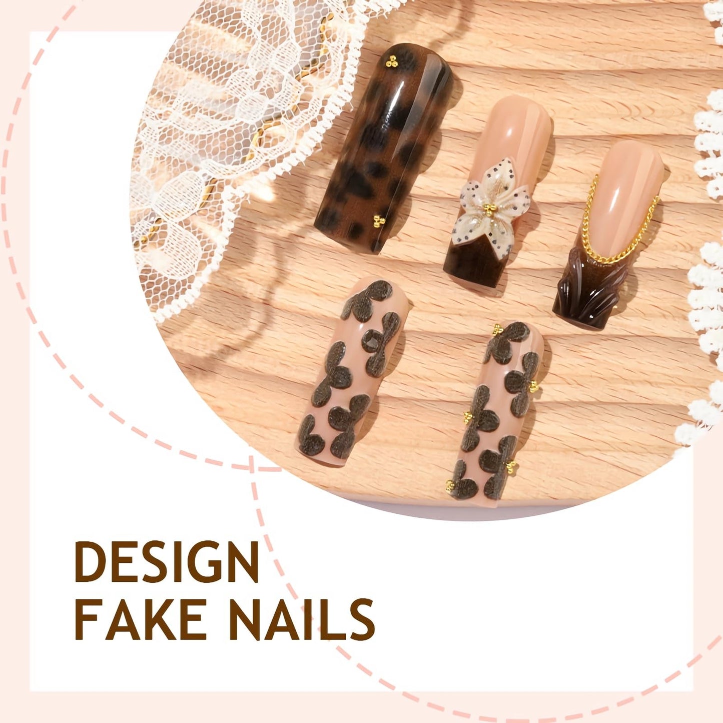 BABALAL Long Square Press on Nails - Brown Tortoise Fake Nails, French Tip, 3D Flower, Y2k Acrylic Design, Thick Fake Nails 24Pcs Custom