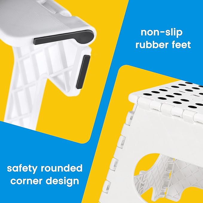 ACSTEP Folding Step Stool for Adults and Kids 11 Height Lightweight Plastic Stepping Stool Foldable Step Stool Hold up to 300lbs Non Slip Collapsible Stool for Kitchen, Bathroom, White