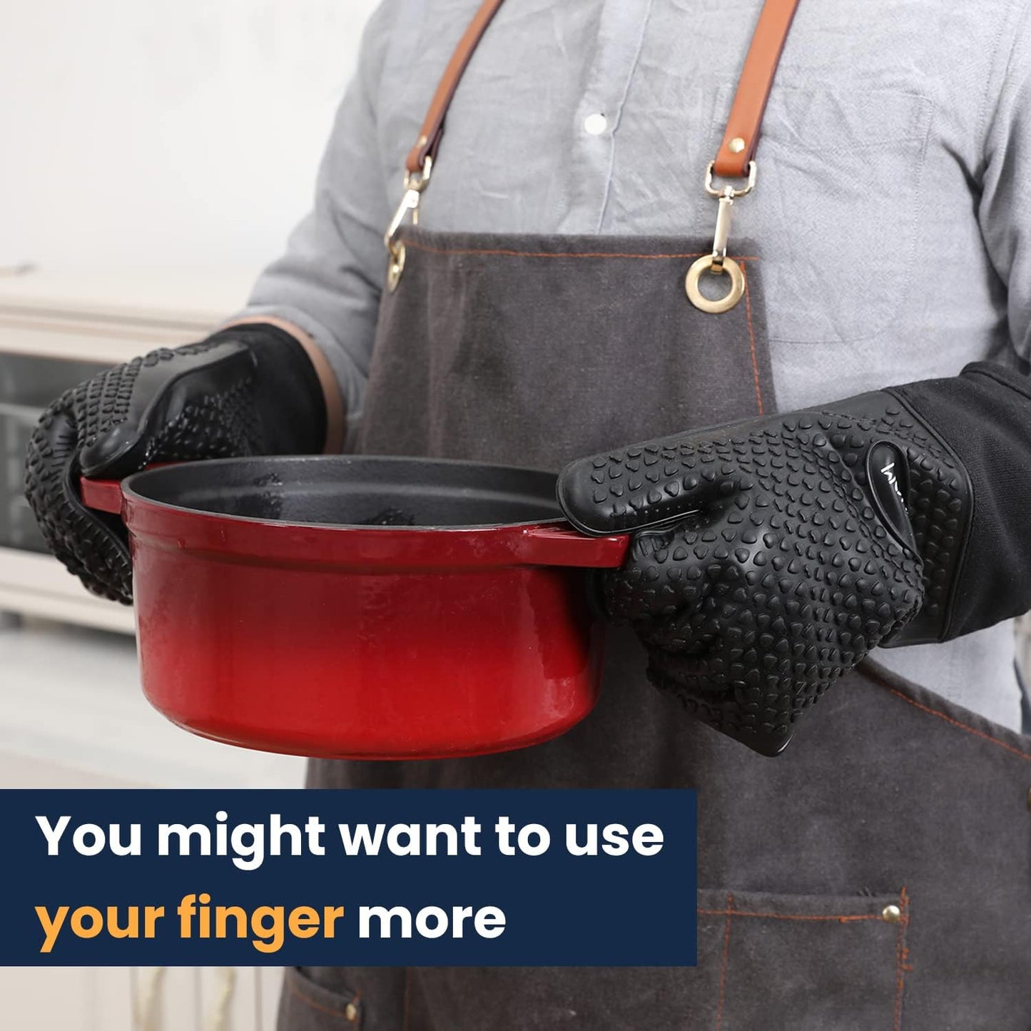 GEEKHOM BBQ Gloves Heat Resistant, 13.7 Inch Long Waterproof Silicone Oven Mitts for Grilling and Smoker, Non-Slip 5 Finger Kitchen Hot Mitts for Baking, Cooking & Cast Iron, Black