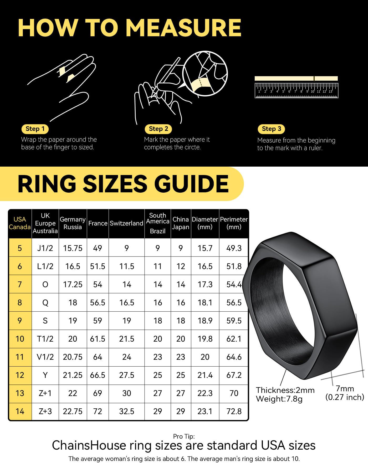 ChainsHouse Black Biker Ring Stainless Steel Jewelry Size 7 Punk Hexagon Geometric Band Rings