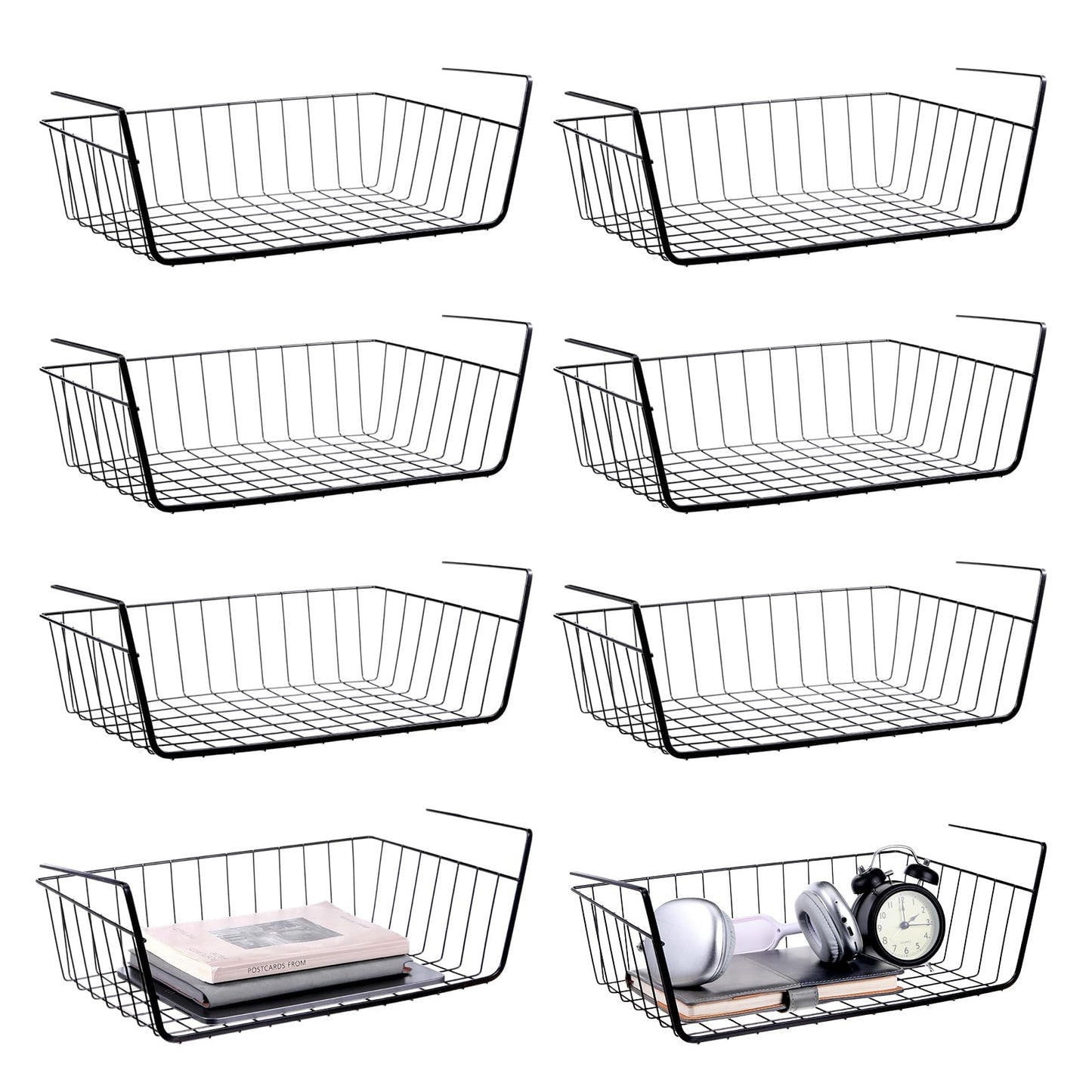 8 Pack Hanging Under Shelf Storage Basket, Steel Hanging Wire Rack Storage Baskets, Slide-in Baskets Organizer for Kitchen Cabinet Desk Organizer Storage, Space Saving, 16"D x 9"W x 5.9"H