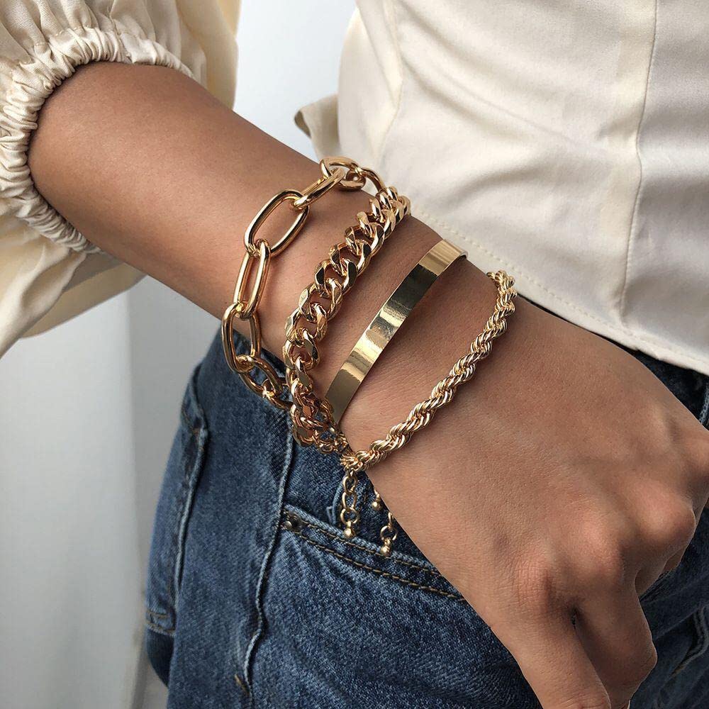 KISS WIFE 15 Pcs Golden Bracelets Set for Women, Multiple Layered Stackable Open Cuff Bangle, Adjustable Cuban Link Chain Tennis Bracelet Pack, Dainty Classic Aesthetic Jewelry