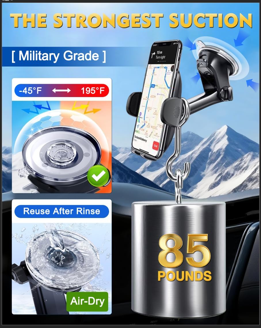 [Military-Grade Construction] Phone Holders for Your Car, 2025 New Car Phone Holder Cell Smartphone Mount Windshield Dashboard Suction Cup Stand Truck Cradle for iPhone Samsung Android All