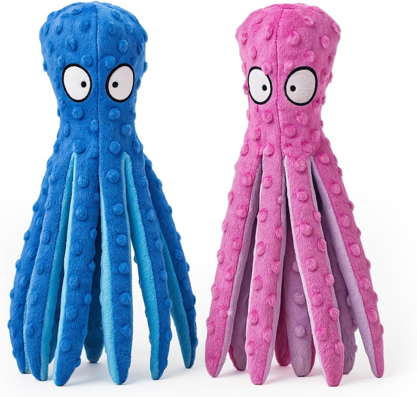 AdoPet Squeaky Octopus Dog Toy – No Stuffing, Crinkle Sound Plush Chew Toy for Small and Medium Dogs – Durable and Machine Washable – 2 Pack (Blue & Pink)
