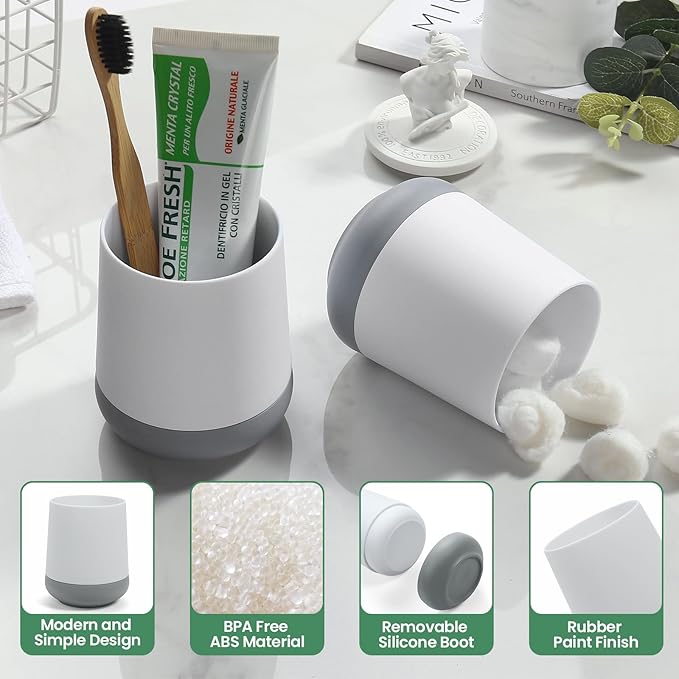 White Toothbrush Holders for bathrooms with Silicon Boot, Modern Tooth Brushing and Toothpaste Holder Cup for Bathroom Organizer (White)