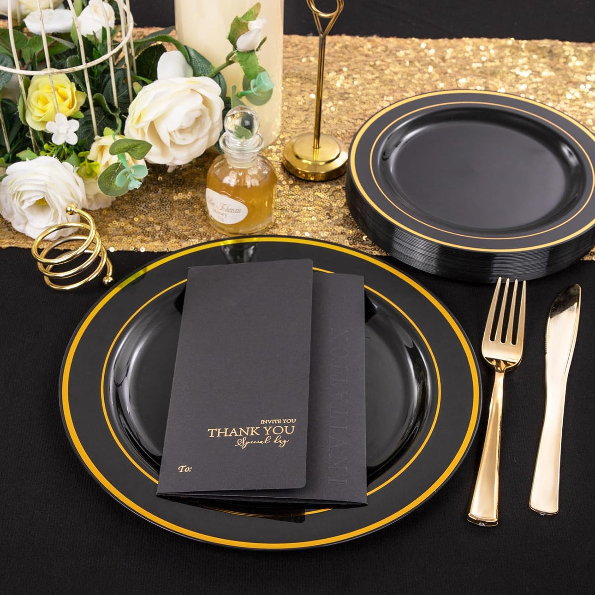 FLOWERCAT 100PCS Black and Gold Plates - Heavy Duty Black Plates Disposable for Halloween Party/New Year - Include 50PCS 10.25inch Dinner Plates - 50PCS 7.5inch Dessert Plates
