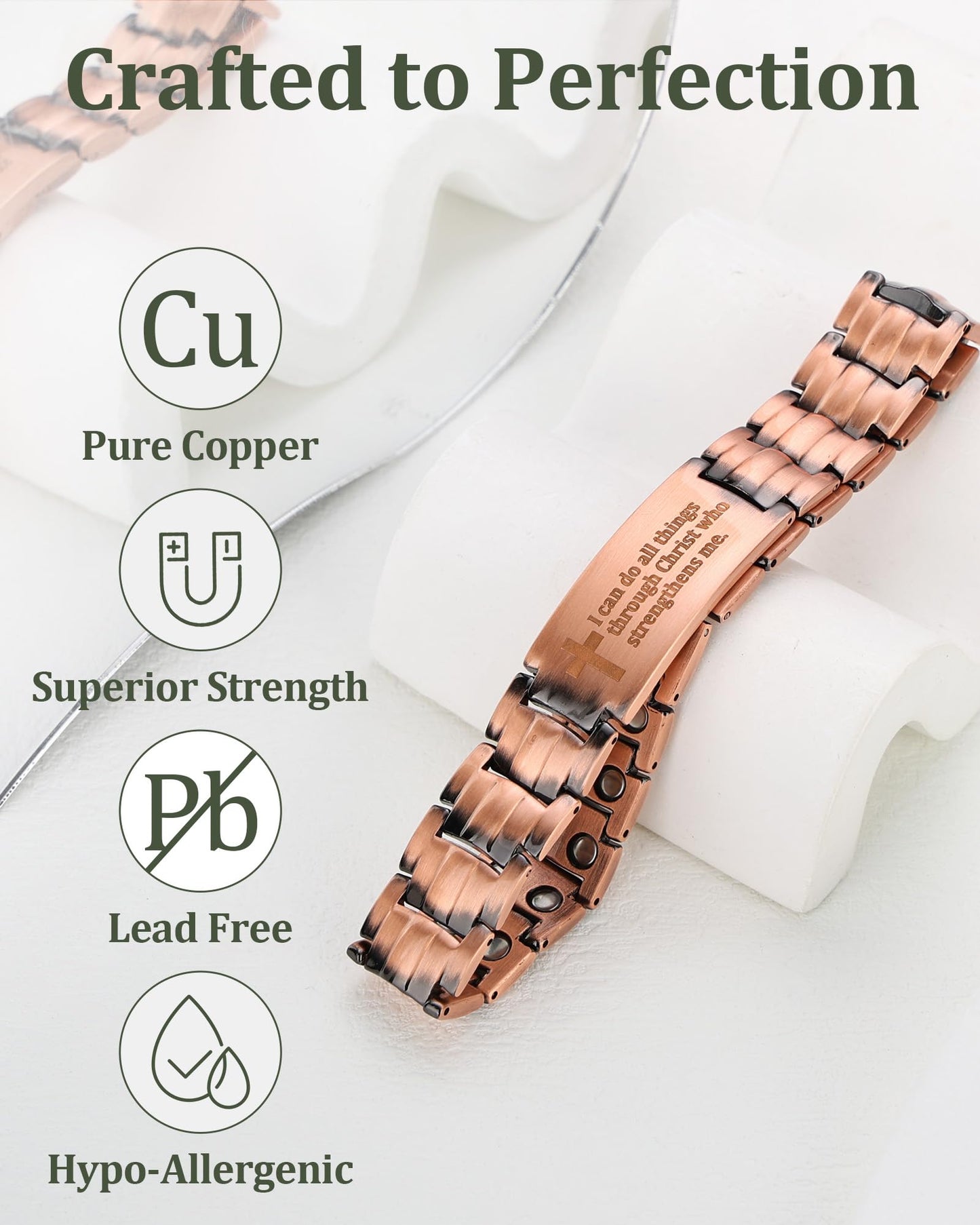 Fashtour Copper Cross Bracelet for Men - Ultra Strength Magnetic Mens Cross Jewelry Set - Adjustable Magnetic Bracelet with Sizing Tool Jewelry Box(Copper&Philip 4:13)