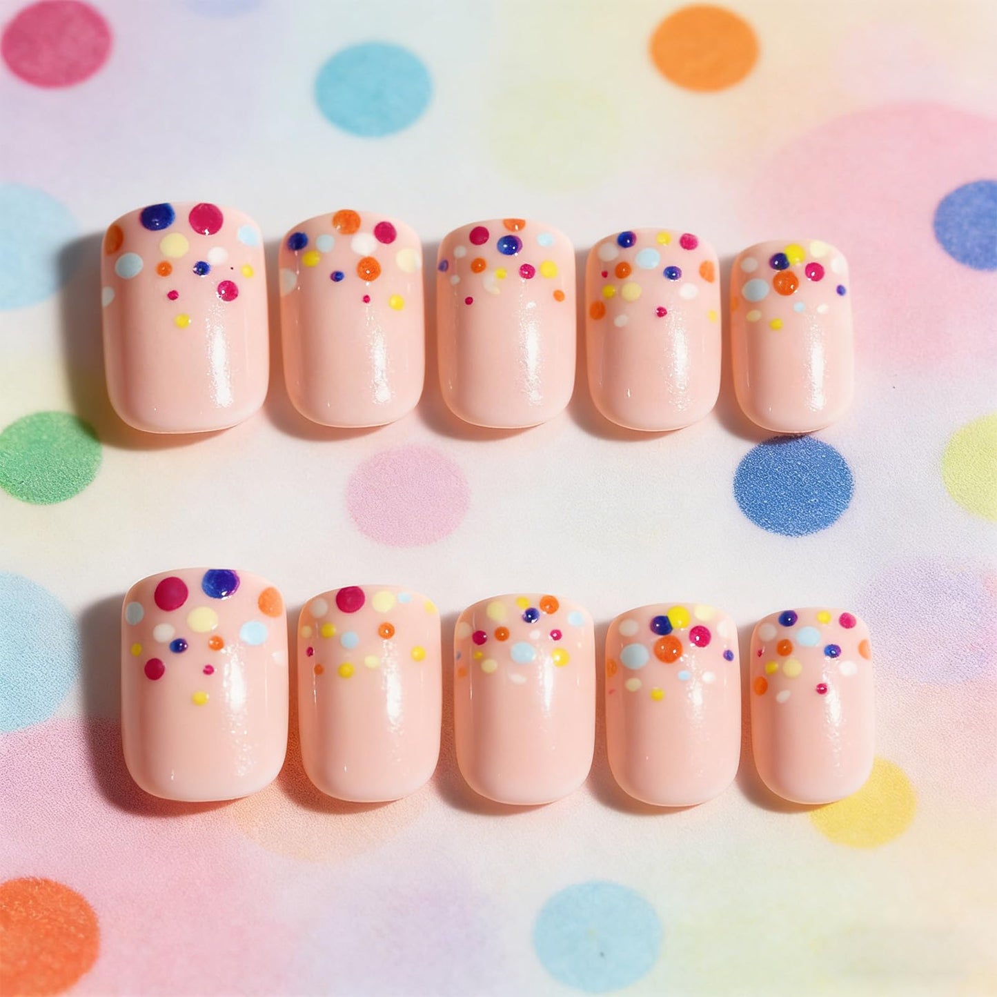 Colorful Polka Dot Press on Nails Short Square Fake Nails with French Dots Design Cute Acrylic False Nail Glossy Full Cover Stick on Nail Reusable Artificial Summer Nails for Women 24Pcs