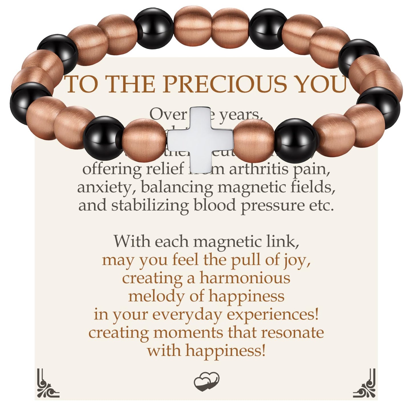 Feraco Pure Copper Magnetic Bead Bracelet for Men Women with Cross, 8mm 99.99% Solid Copper & 3500 Gauss Magnetic Hematite Beads, Unisex Stretch Wristband, Gift-Ready Jewelry (Silver)