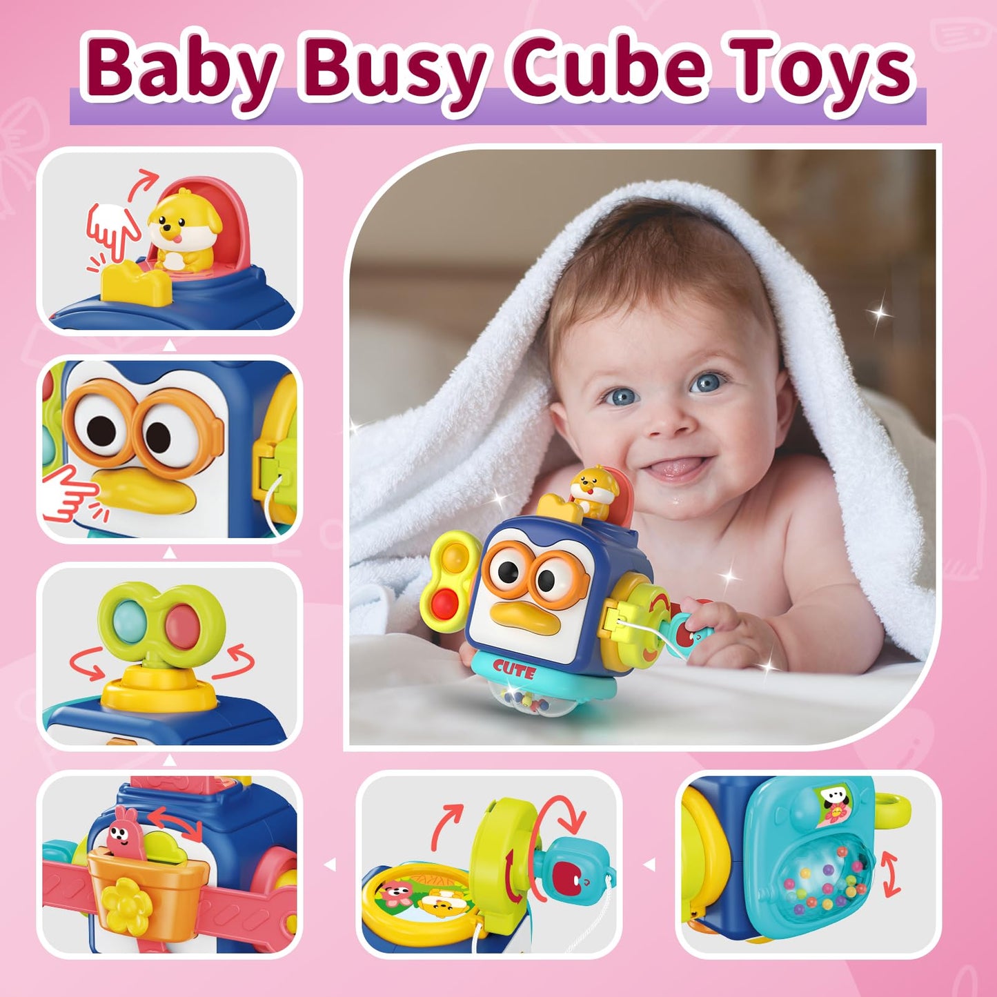 usrela 3 in1 Baby Toys 12 to 18 Months - Busy Board Sensory Toys, Tissue Box Toy, Pull String Teether, Learning Toy for Babies, Infant Gifts for 12 18 Months Old