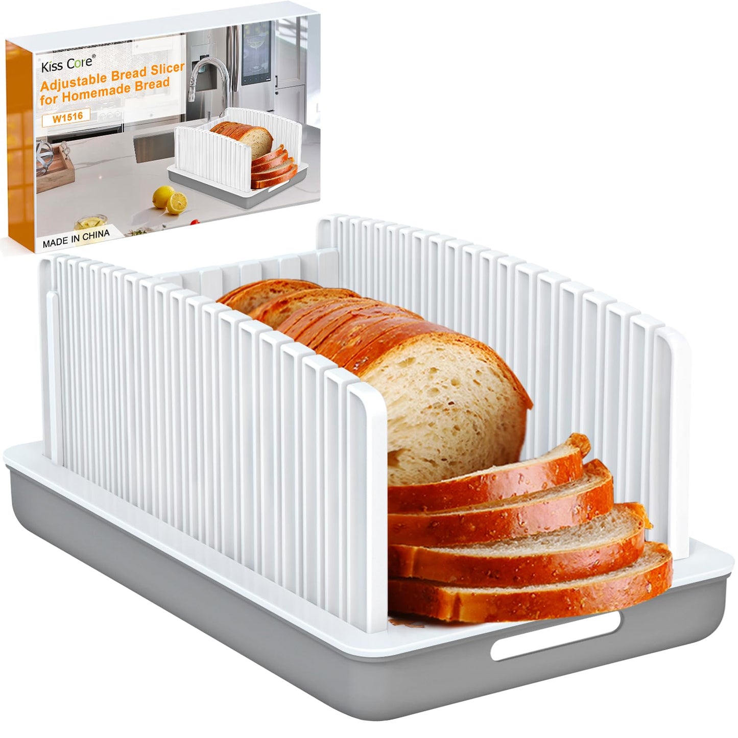 Kiss Core Upgrade Bread Slicer for Homemade Bread, Bread Slicer Guide Adjustable Width and Thickness, Foldable and Compact Cutting Guide with Crumb Tray, Suitability for Homemade Bread, Bagels, Cakes