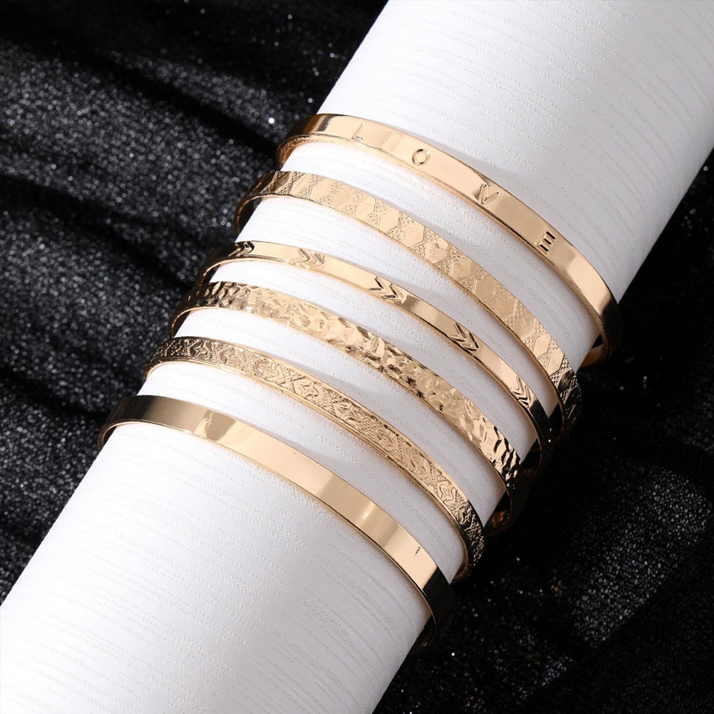 IFKM Gold Bangle Bracelets For Women, 14k Gold Plated Multi Layer Stackable Cuff Bracelet Set, Trendy Elegance Charms Non Tarnish Minimalist Textured Boho Jewelry Gift (6pcs Love)