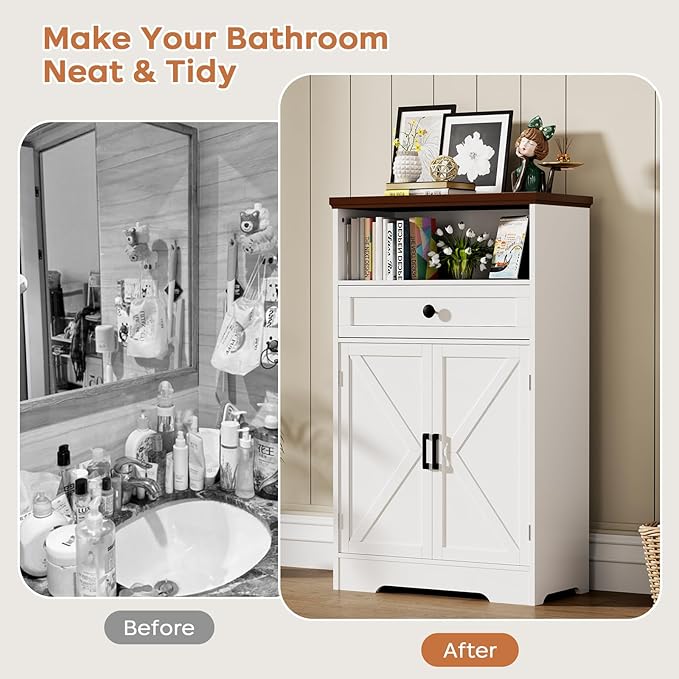 White Floor Cabinet, Farmhouse Storage Cabinet with Barn Doors and Drawer, Freestanding Adjustable Shelf Cabinets for Bathroom, Kitchen, Living Room