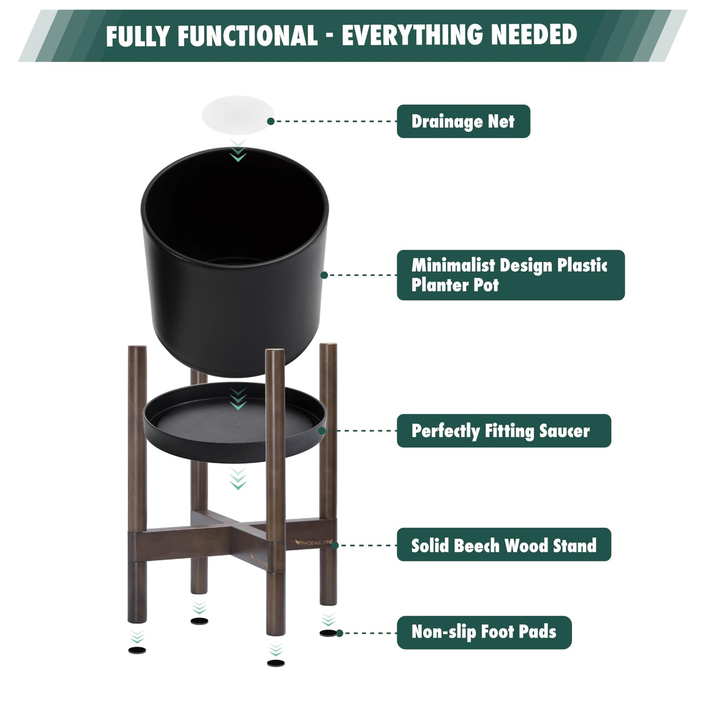D'vine Dev Planter Pot with Stand - 8 Inch Plastic Cylinder Flower Pot with Wood Planter Holder for Indoor, Matte Black Pot + Walnut Color Stand, 55-C-I-2