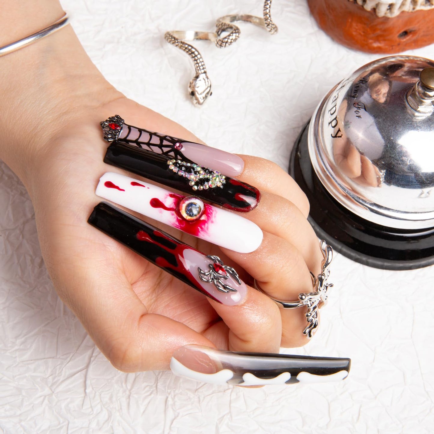 LOVFUL Press on Nails Final Destination | Handmade with Full Covered Crystals | Reusable Fake Nails | Square Long 2.2 in | H133-M