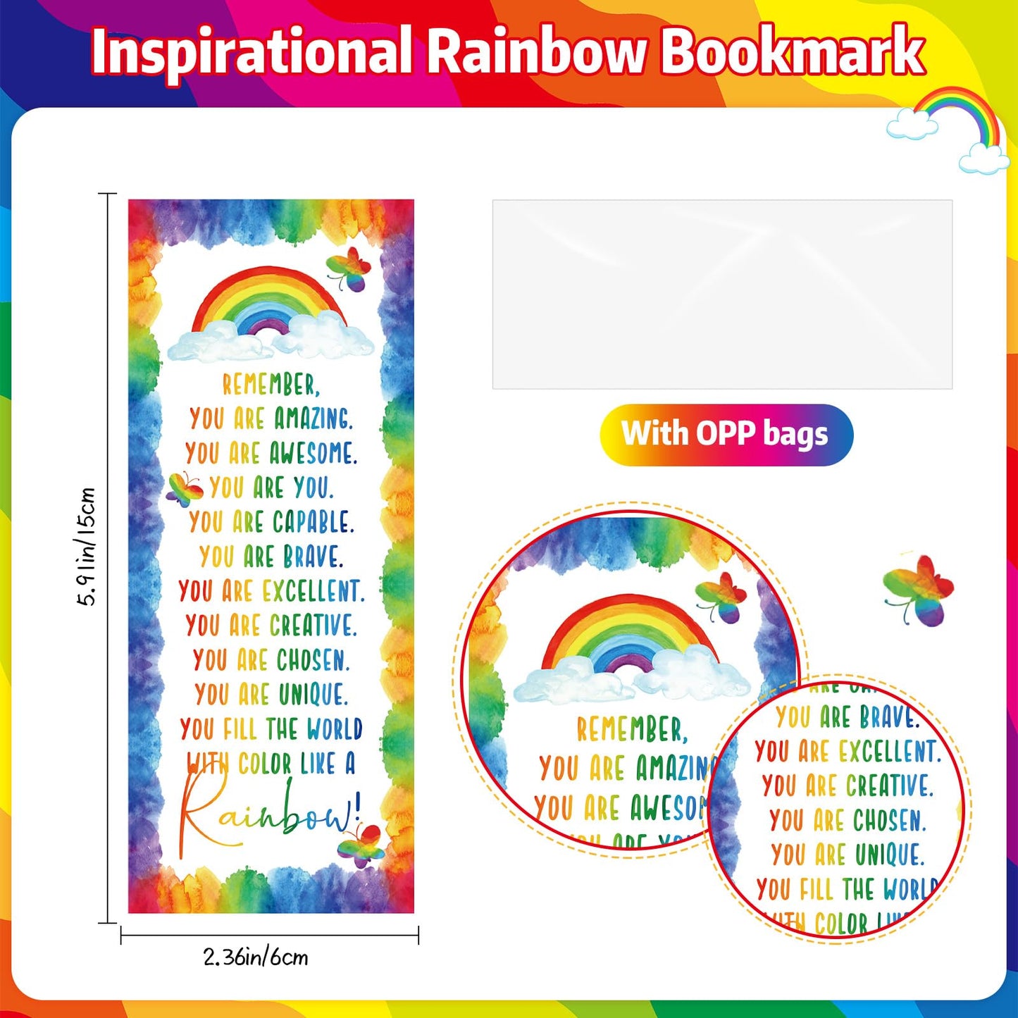 AmazingSpark 50 Set Inspirational 0.7 mm Rainbow Retractable Pencil Gifts for Students from Teacher Encouragement Affirmation Bookmark Cards Opp Bag Valentines Classroom Prize Awards for School