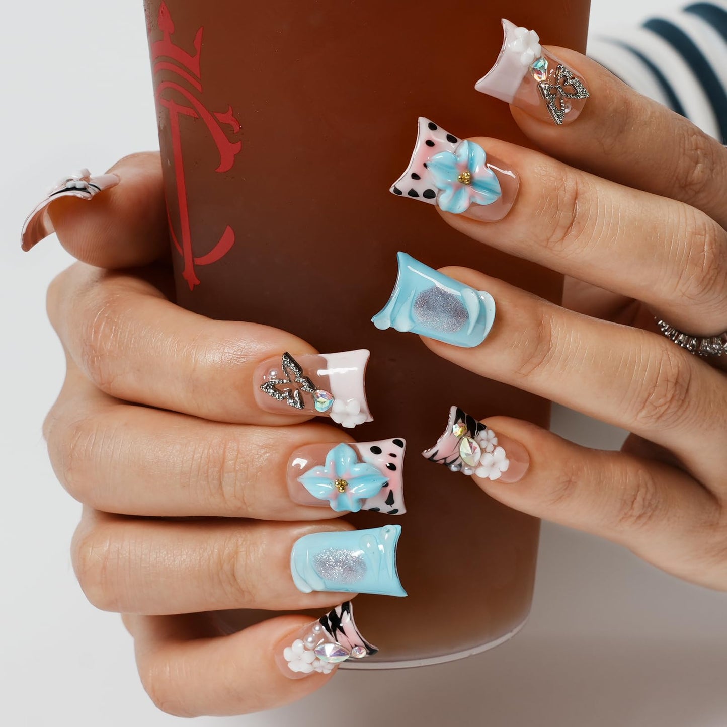 Tesytto Short Duck Press on Nails - 3D Floral Metallic Butterflies False Nails with Pink French Tip & Leopard Print, Pearls Star Luxury Design, Reusable Thick Acrylic Full Cover (Dance Passion,M)
