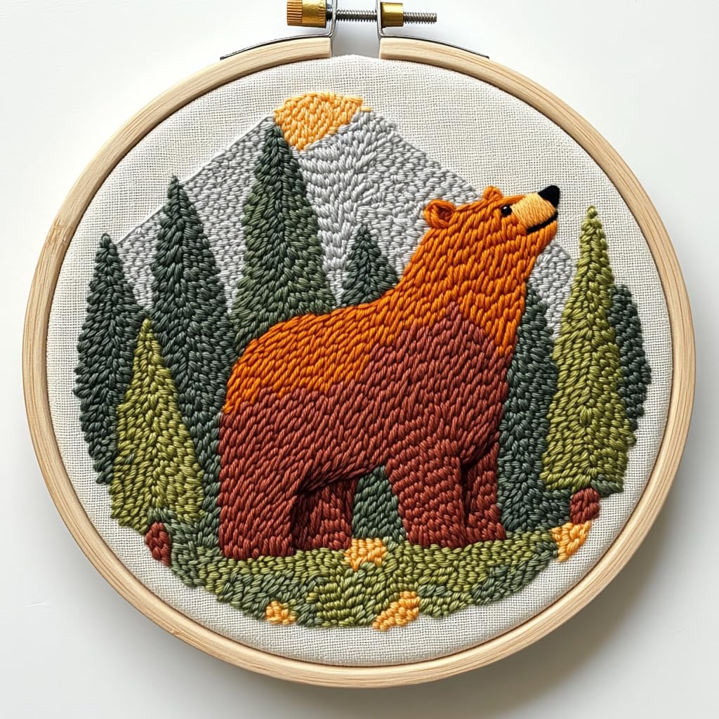 Punch Needle Kit for Beginners, Punch Stitching Kit for Adults, Needle Punch Kits for Adults, Brown Bear in The Forest DIY Embroidery Set for Crafts and Home Décor