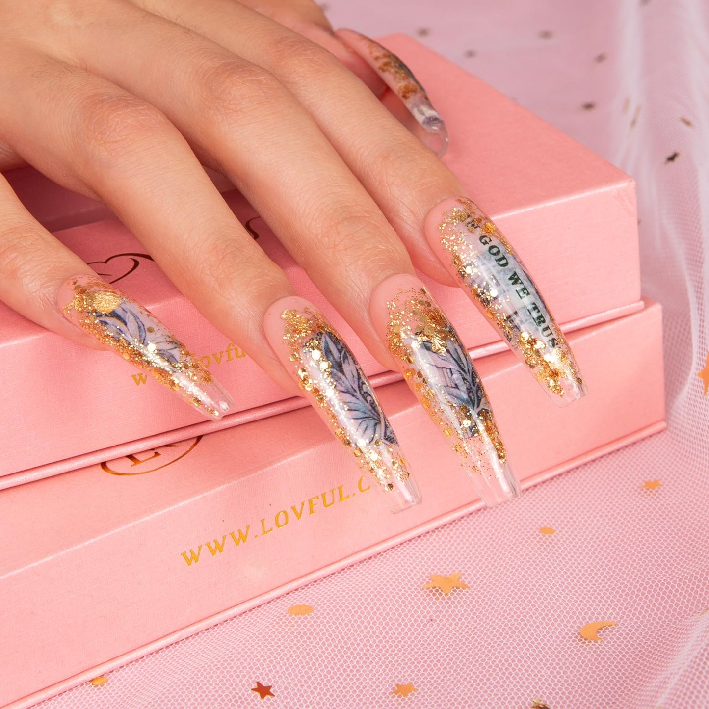 LOVFUL Press on Nails Dollar | Handmade with Full Covered Crystals | Reusable Fake Nails | Coffin Mid length 1.7 in | H98-S