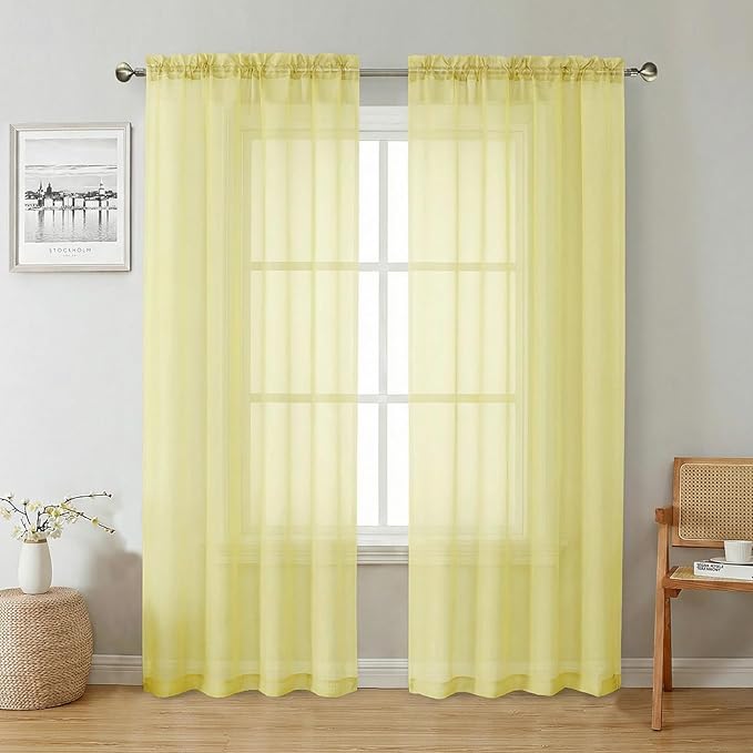 Lecloud Goose Yellow Sheer Curtains 72 Inches Long 2 Panels, Rod Pocket Light Filtering Curtains for Living Room Bedroom Dining Room, Voile Farmhouse Drapes for Windows, Each Panel 42" W x 72" L