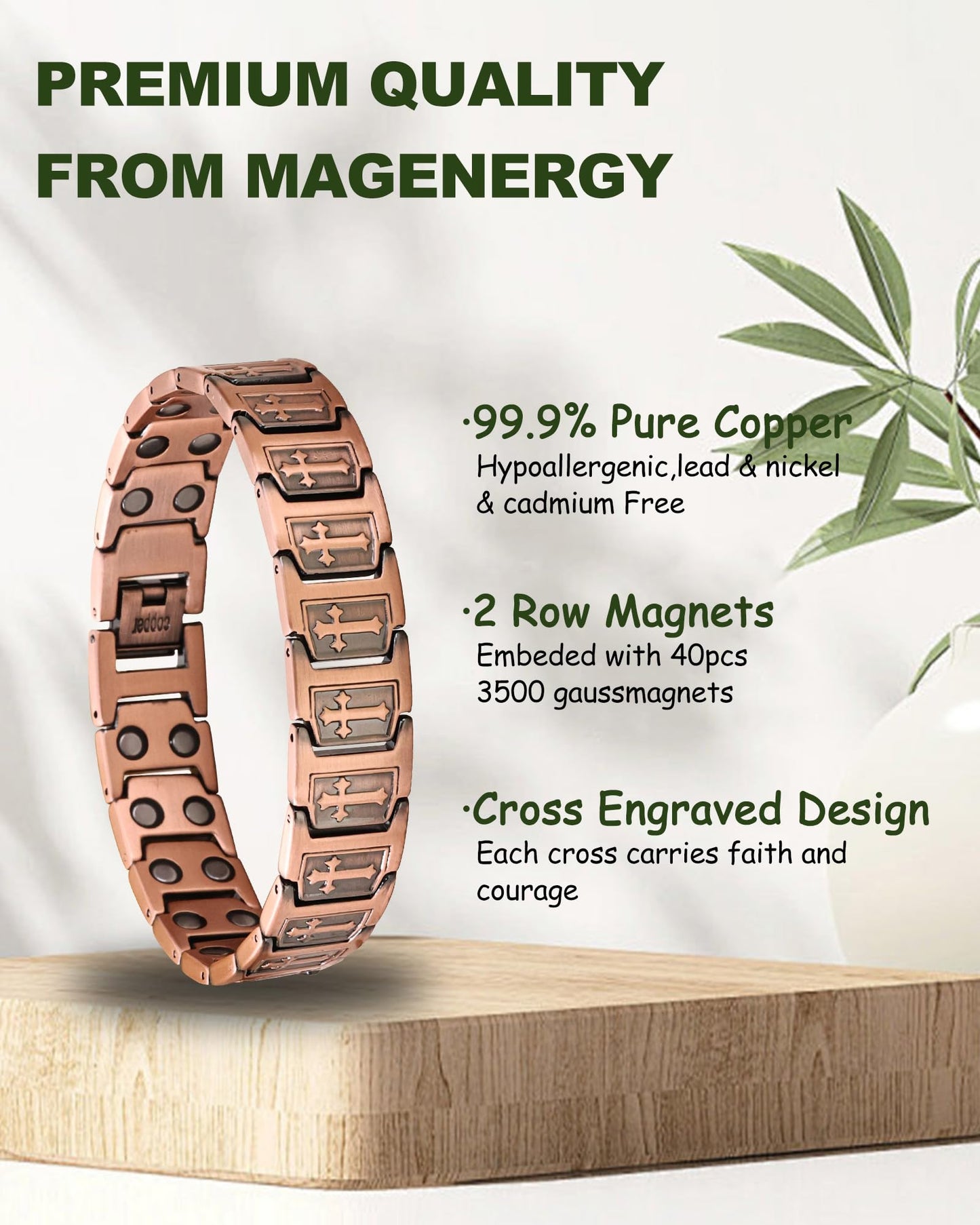 MagEnergy Copper Bracelet for Men, Cross Copper Magnetic Bracelet with Ultra Strength Magnets, Adjustable Link Jewelry Box Gift (Sizing Tool)