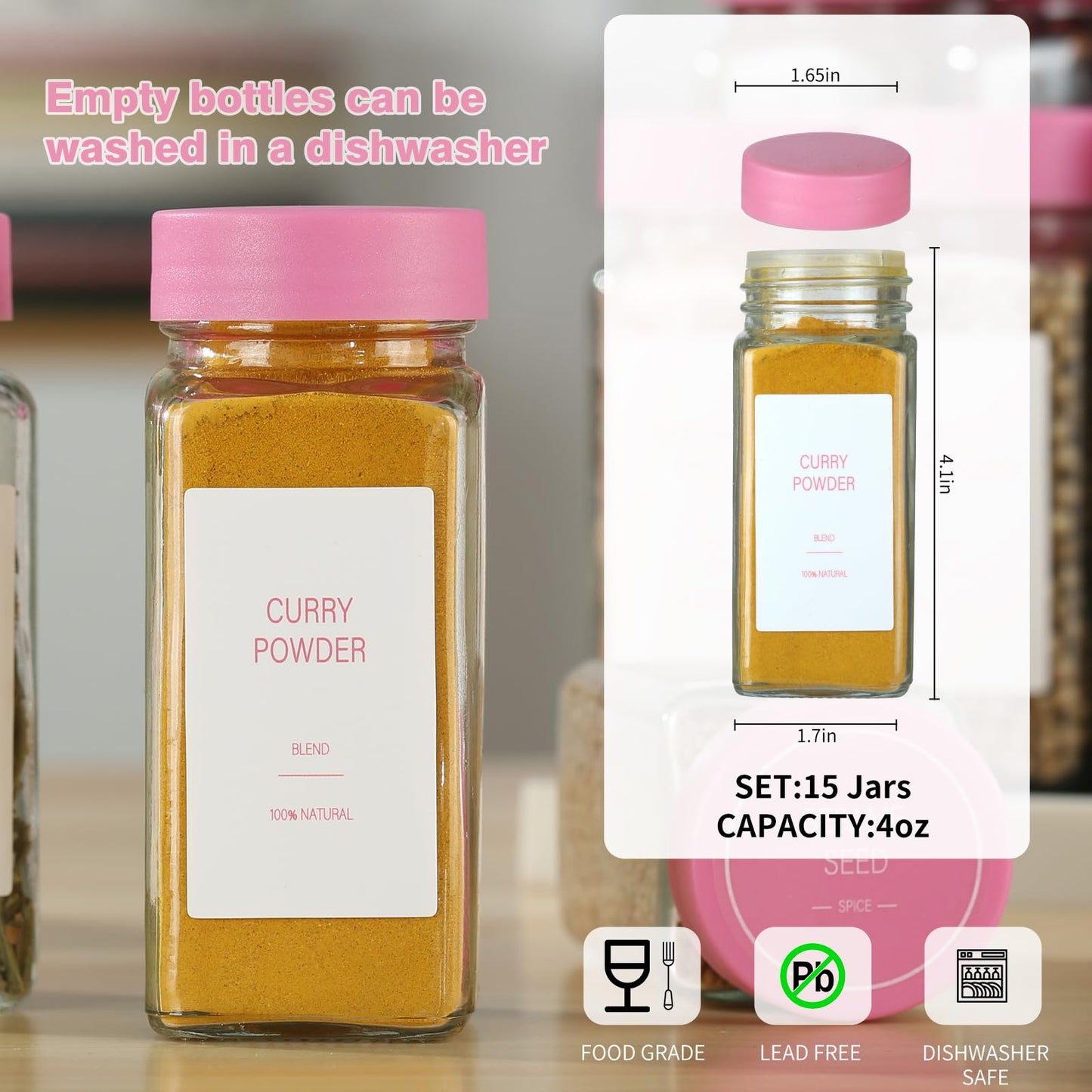 TESUNMU Pink Spice Jars with Label，4oz Seasoning Containers, Glass Spice Bottles with Shaker Lids,Funnel, Chalk Pen(Pink, 36)