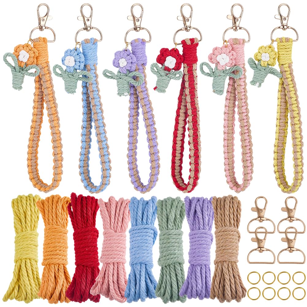 SUNNYCLUE DIY 6 Sets Phone Charms Making Kit Phone Wrist Strap Macrame Keychain Bracelet Flower Keychains Cellphone Lanyard Boho Macrame Kits for Beginner Starter Smartphone Key Purse Bag Wallet
