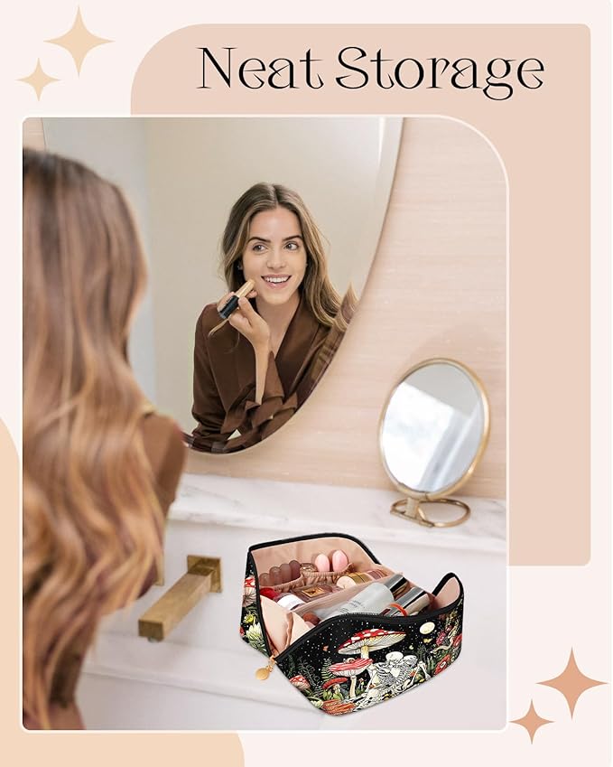 Bistup Makeup Bag Travel Cosmetic Bag Toiletry Make Up Bags Cute Women Large Capacity Big Medium Leather Mushroom Aesthetic Girl Teen Teenage Foldable Expandable Open Flat Zip