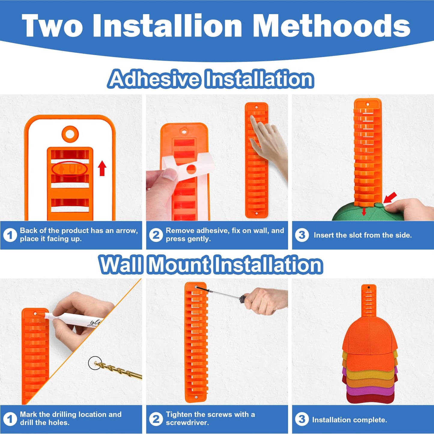 NAZZO Hat Racks for Wall, Hat Holder for Baseball Caps, Adhesive or Drilling Double Use Hat Display Hooks, Hat Organizer for Men Boys Bedroom Accessories, 2Pack Holds Up to 32 Caps, Orange