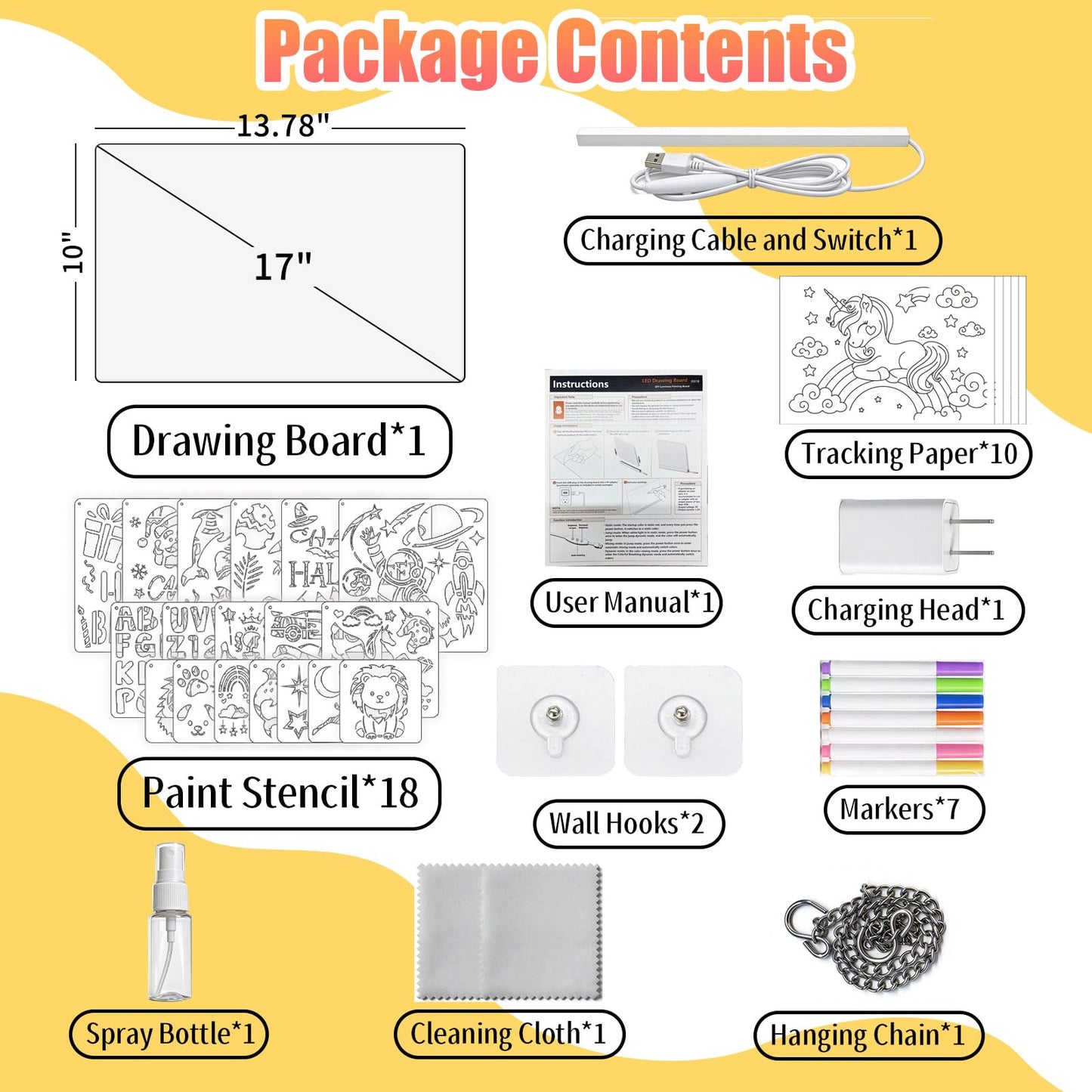 LED Drawing Board for Kids, Large Light Up Writing Tablet, 7 Color Glow Doodle Board with Paint Stencils and Tracking Paper, Birthday Holiday Toy Gift for Boys Girls Age 3+