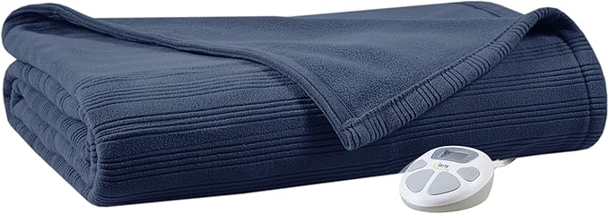 Serta Travis Fleece Ultra Soft Tri-Rib Textured Electric Blanket, Cozy and Snuggly Cover Fast Heating for Cold Weather, Auto Shut Off, Multi Heat Setting Controller, Full, Indigo