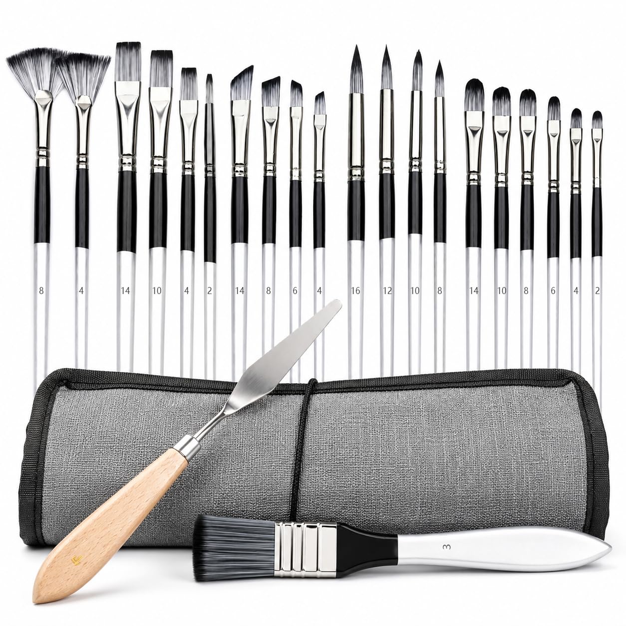 JYN-ANREN 24Pcs Multi-Shape Paint Brushes Set for Acrylic, Oil, Watercolor & Gouache with Palette Knife and Waterproof Canvas Roll, Synthetic Bristles Art Supplies for Artists & Beginners