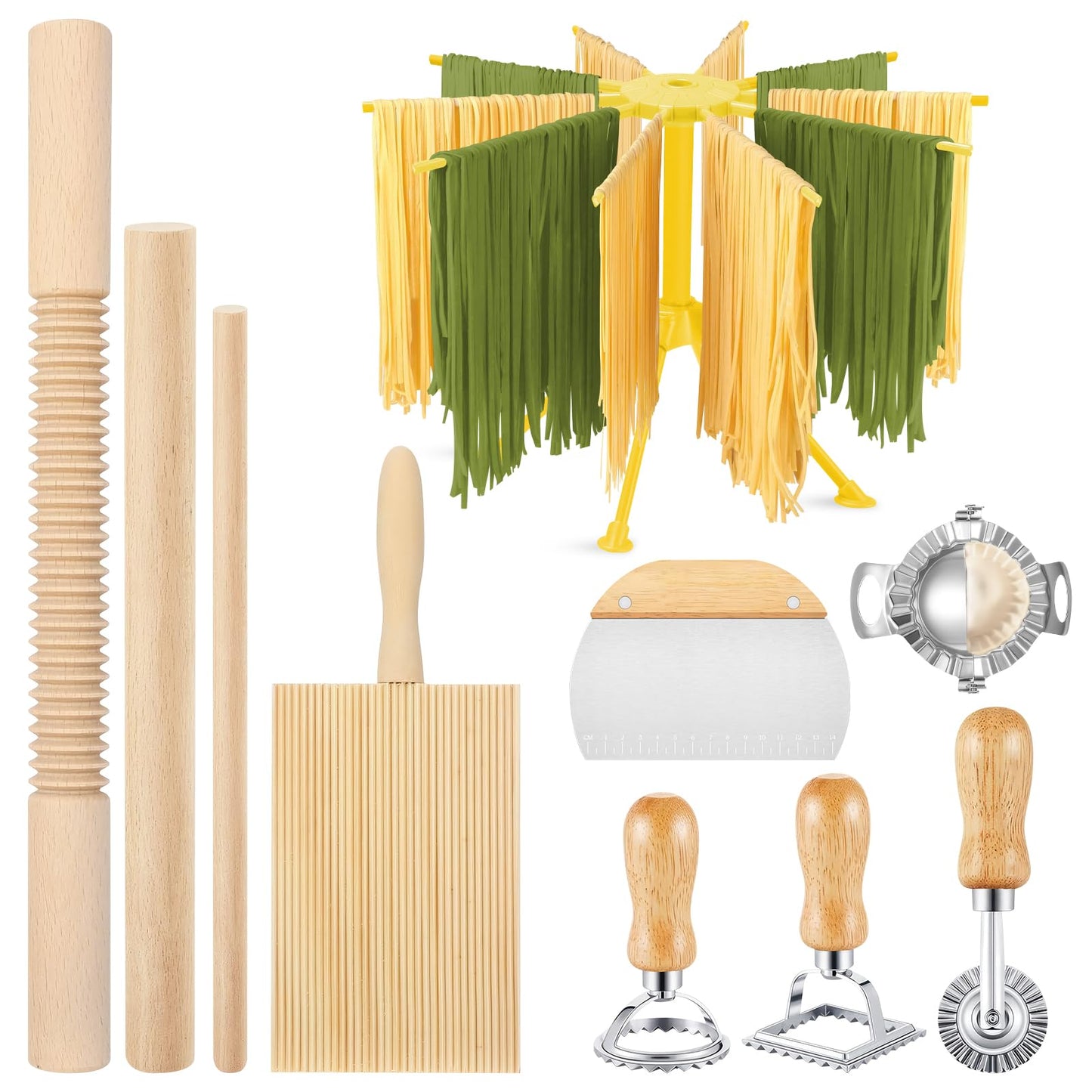 10 Pcs Gnocchi Pasta Making Tools kit, Pasta Drying Rack, Gnocchi Board, Cutter, Ravioli Stamp, Wood Threaded Pasta Roller Pin Set, Noodle and Dumplings Maker, Homemade Kitchen Gift for Pasta Lovers