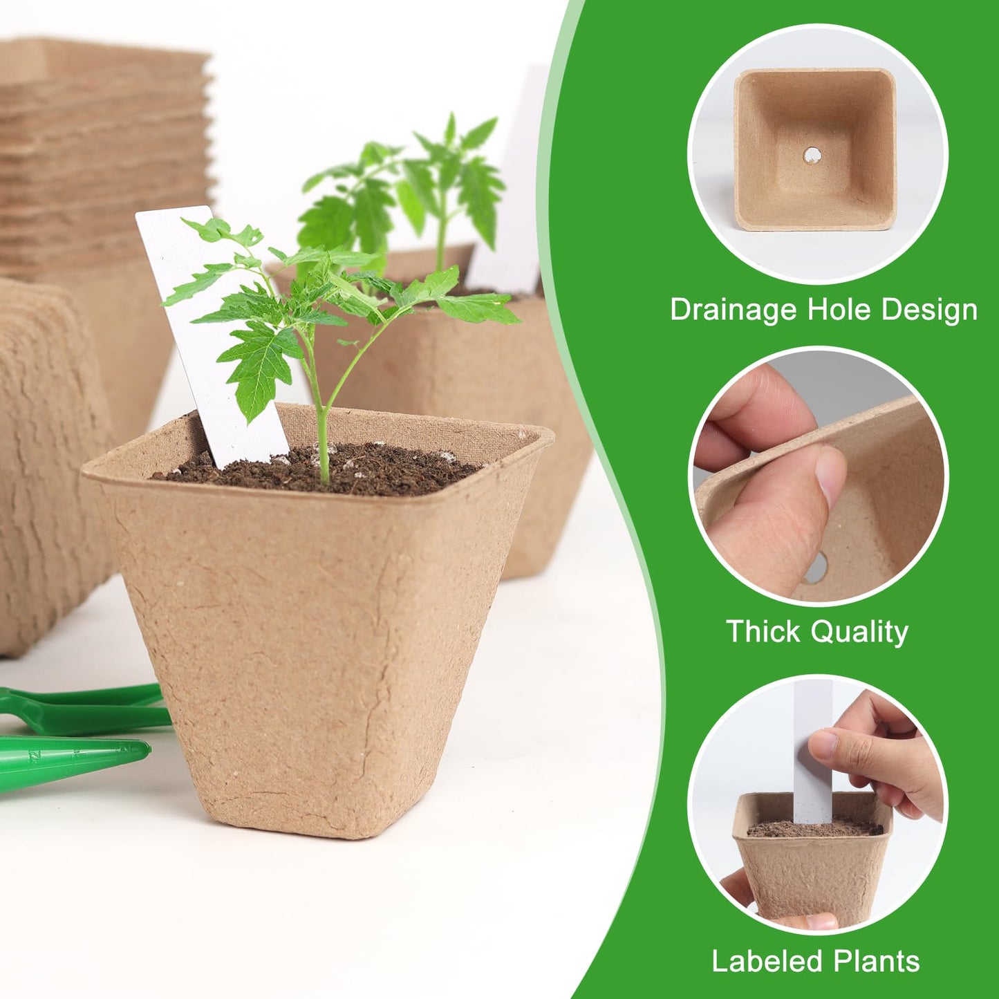 KOAMLY Square Peat Nursery Pots 150 Pcs 3in Biodegradable and Label, Used for Outdoor Gardens in Plant Nurseries