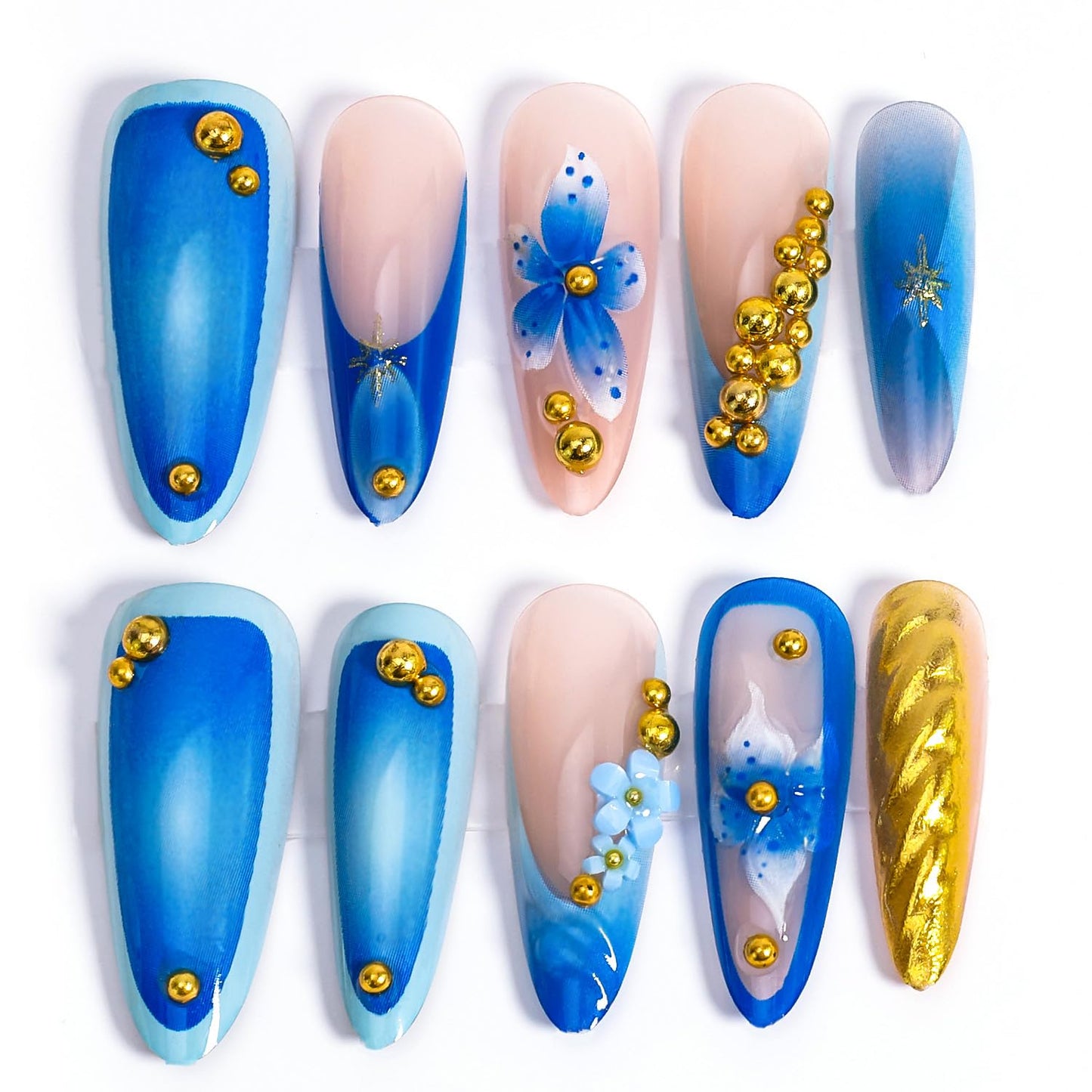 Blue Flower Press on Nails Medium Almond Handmade Fake Nails with Gold Pearl Star Design Gilding Full Cover Artificial Glue on Nails Spring Summer Stick on Nails Reusable False Nails for Women 10Pcs