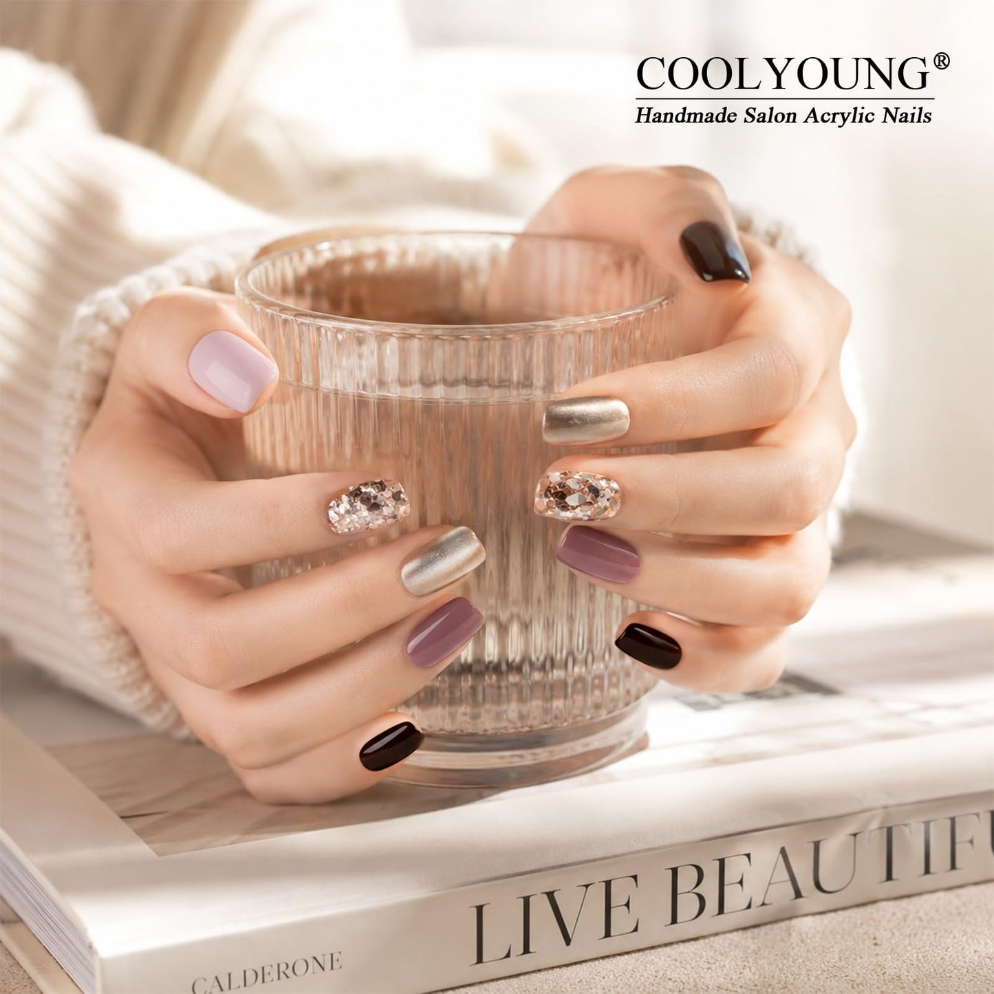 COOLYOUNG 25PC Short Glitter Press On Nails Soft Gel Acrylic Blush Pink Black Mix Reusable Fake Nails