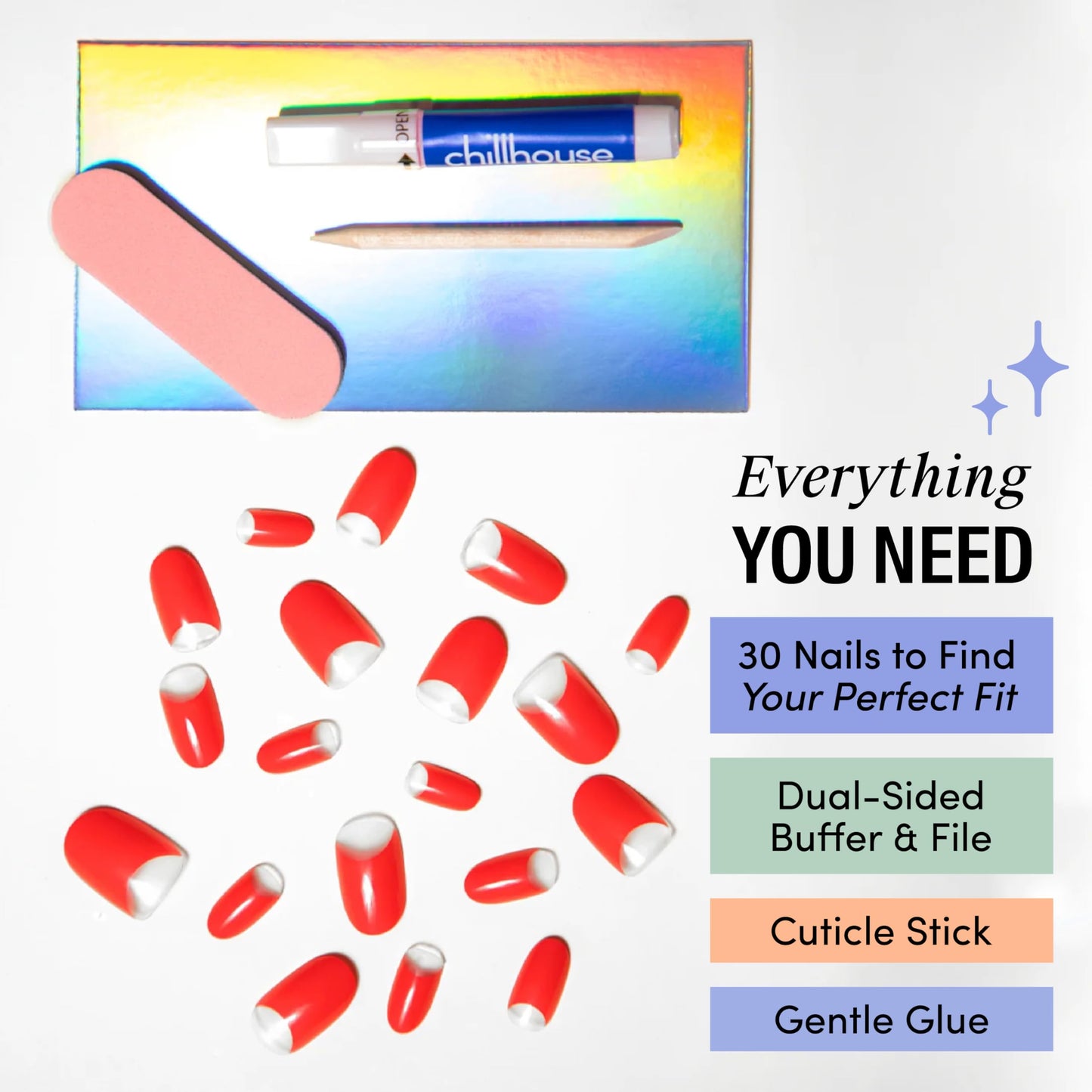 Chillhouse - Chill Tips, Press on Nails Kit - 90's Supermodel - 30 Nail Shapes & Sizes - Up to 2 Weeks Wear - Customizable Fit - Reusable - Latina Founded, Women Owned, Beauty, Self Care