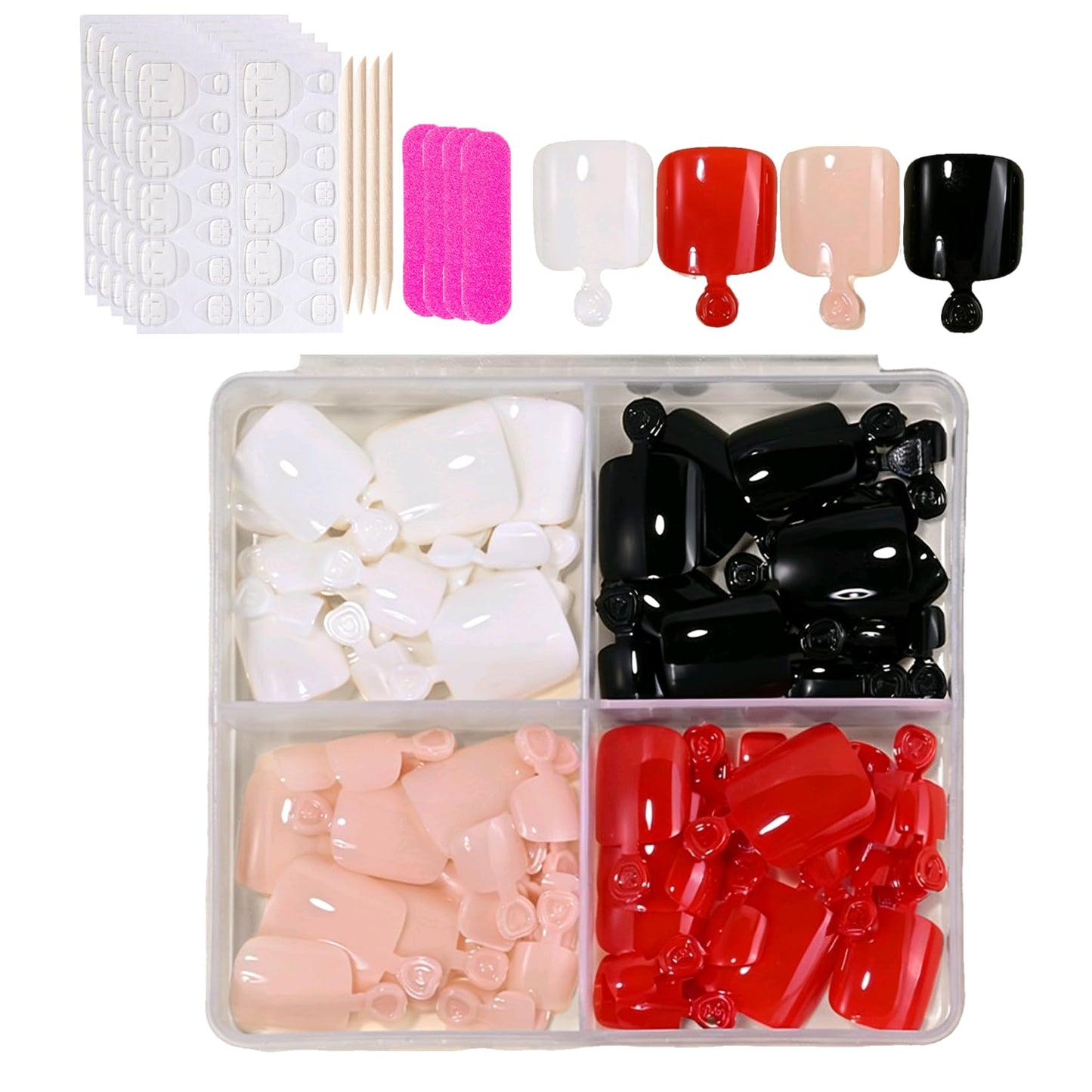 96Pcs Press on Toe Nials Short Square Fake Toe Nails White Black Pink Red Acrylic Glue on ToeNails Reusable Glossy Full Cover Stick on Tornails for Women and Gils Manicure