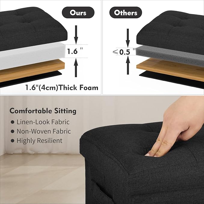 Storage Ottoman Foot Rest with Thicker Foam Padded Seat. Small Bench with Storage. 350 lbs Linen Folding Footstool Bench for Living Room, Bedroom, Home Office. 17x13x13in, Gray Black
